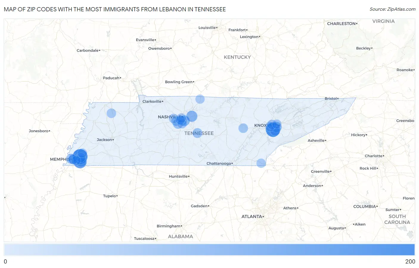 Zip Codes with the Most Immigrants from Lebanon in Tennessee Map