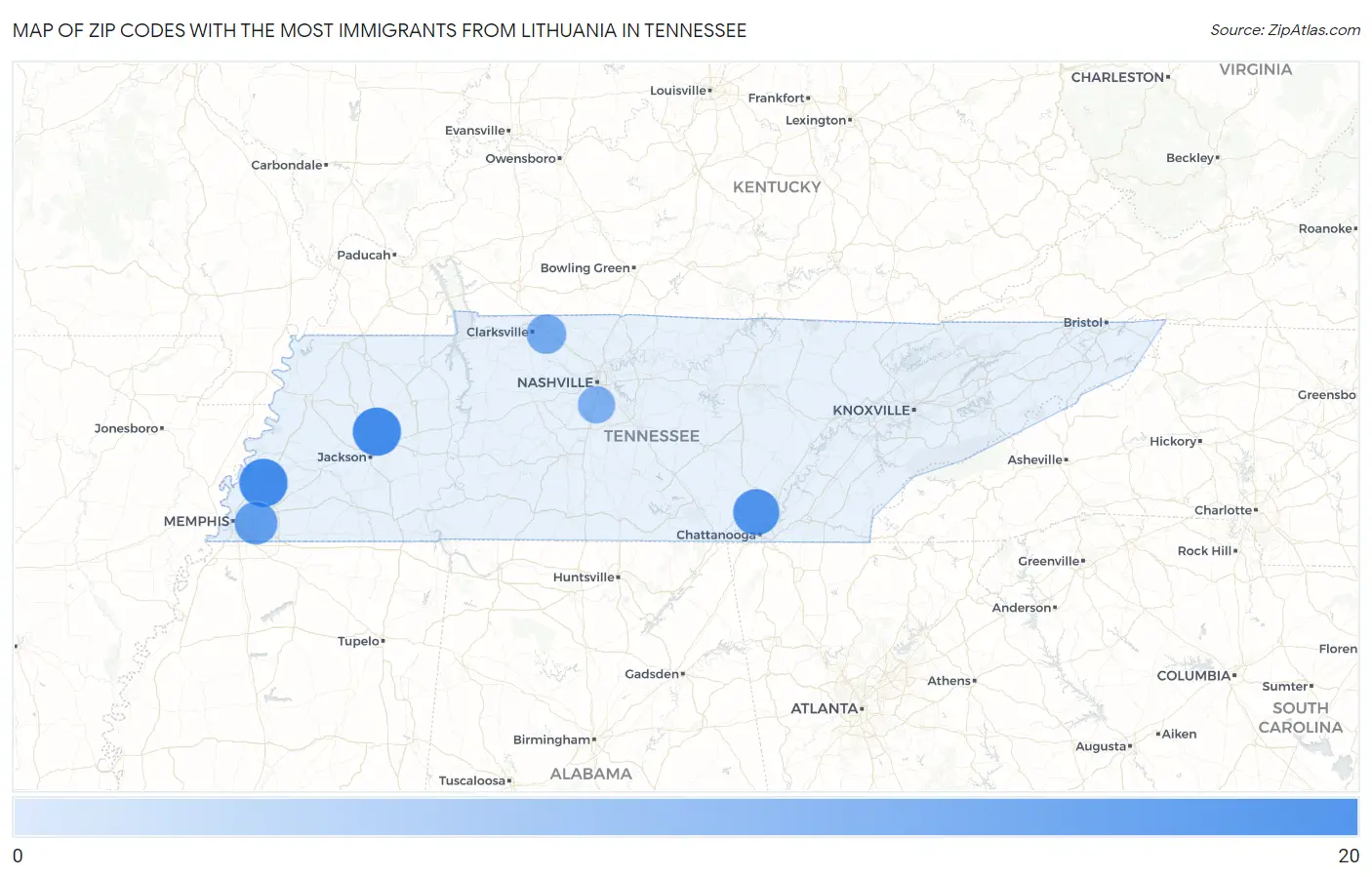 Zip Codes with the Most Immigrants from Lithuania in Tennessee Map