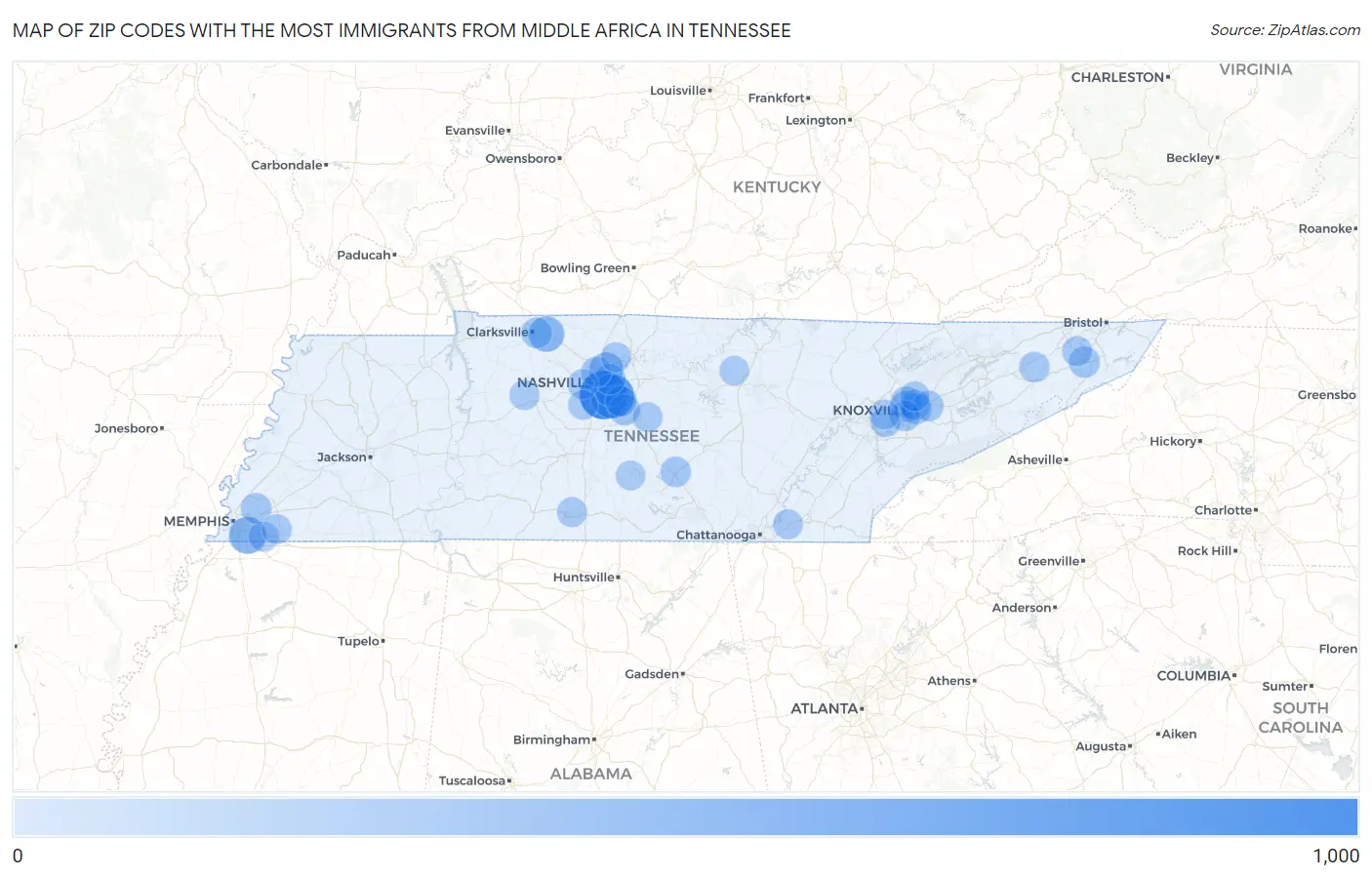 Zip Codes with the Most Immigrants from Middle Africa in Tennessee Map