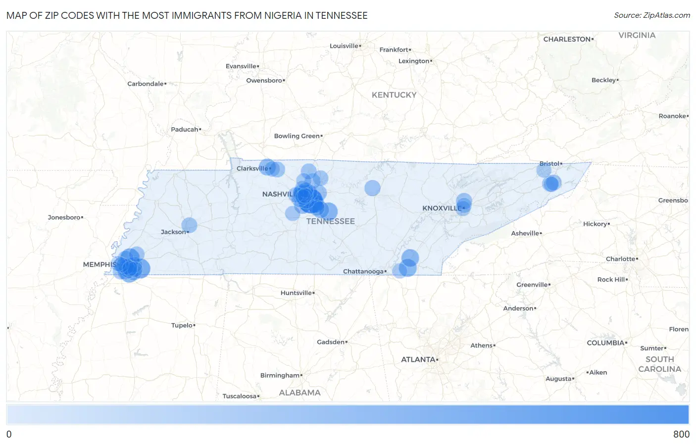 Zip Codes with the Most Immigrants from Nigeria in Tennessee Map