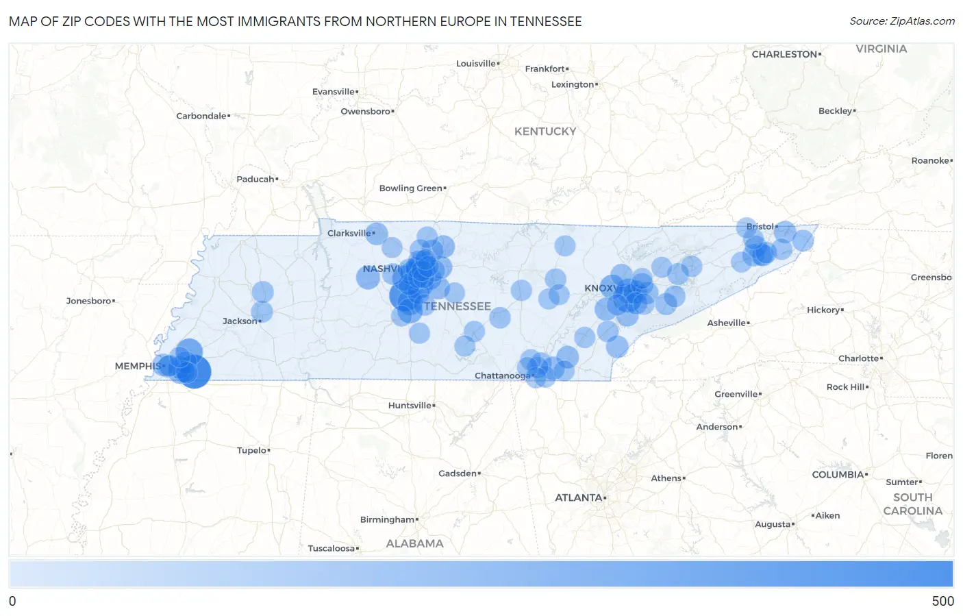 Zip Codes with the Most Immigrants from Northern Europe in Tennessee Map