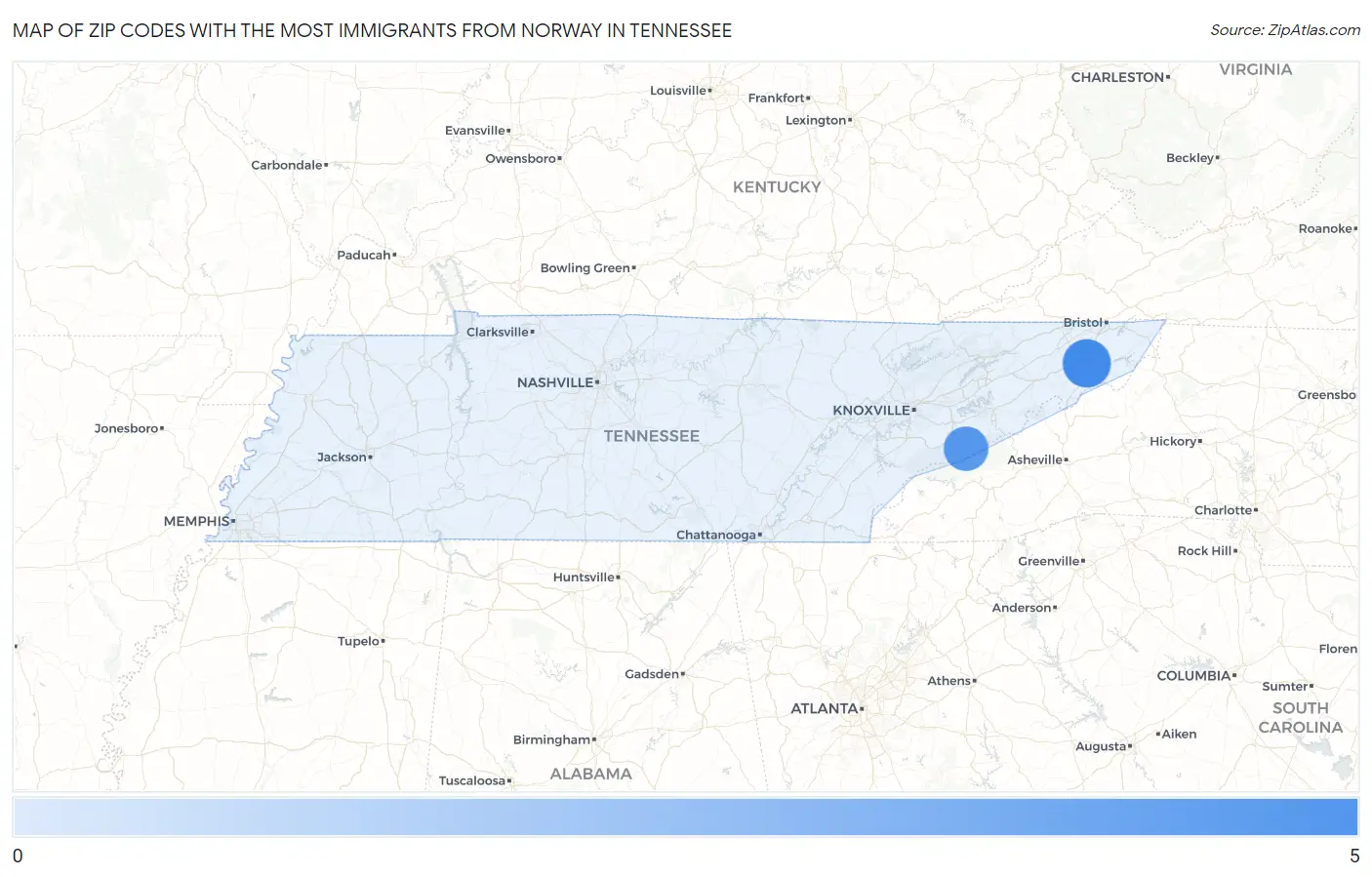 Zip Codes with the Most Immigrants from Norway in Tennessee Map