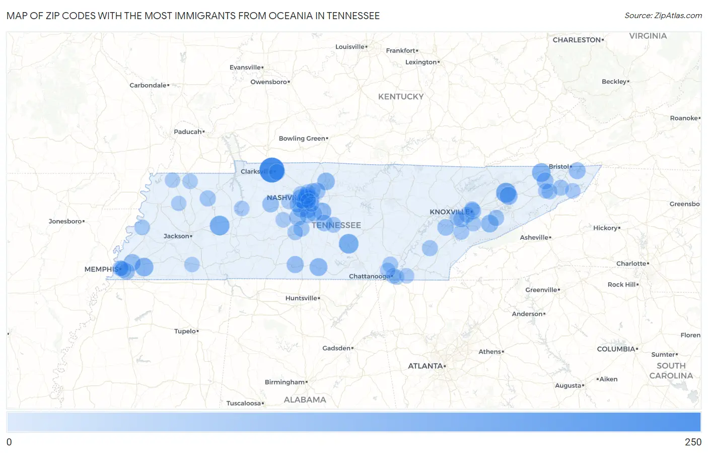 Zip Codes with the Most Immigrants from Oceania in Tennessee Map