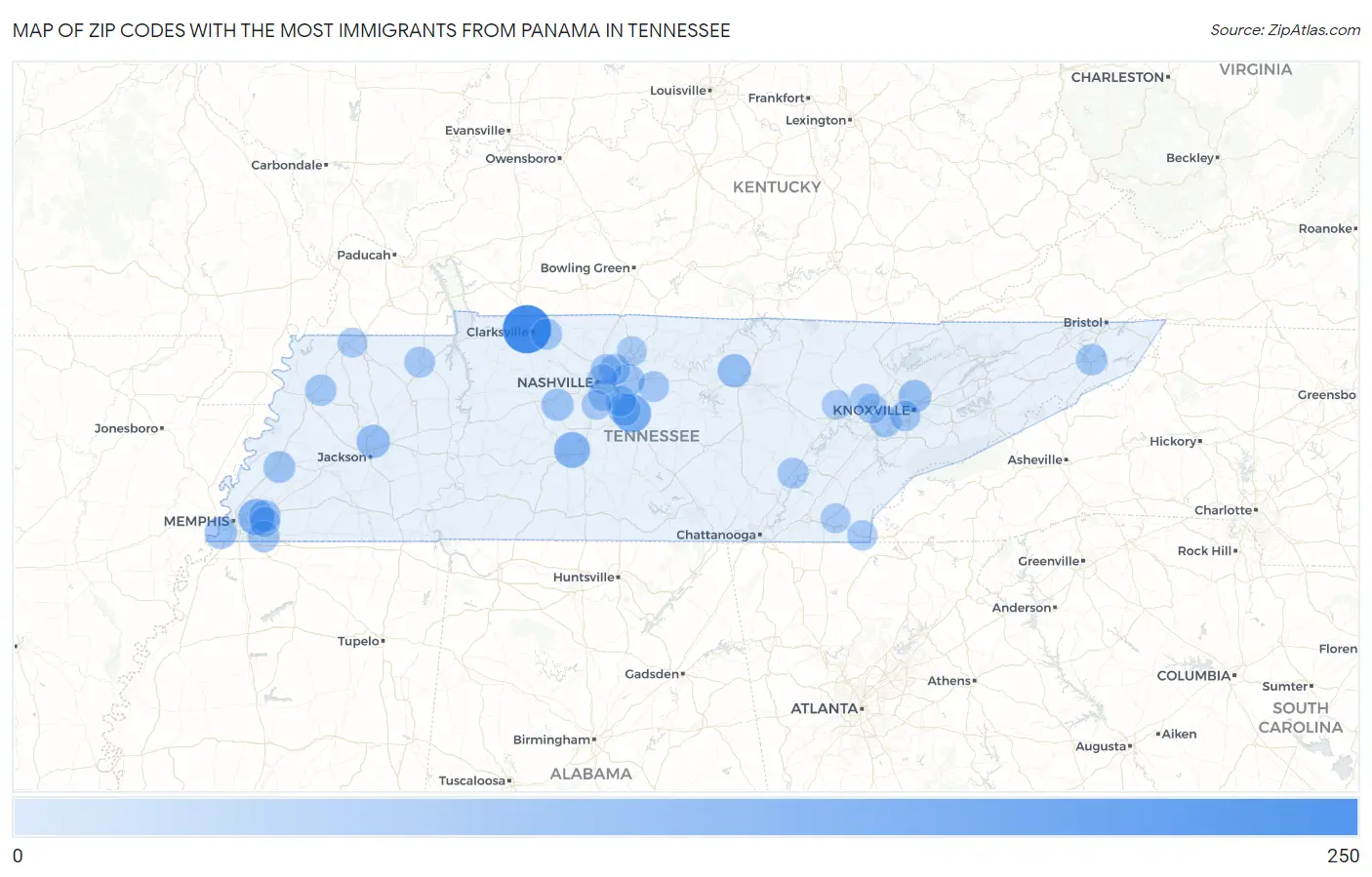 Zip Codes with the Most Immigrants from Panama in Tennessee Map