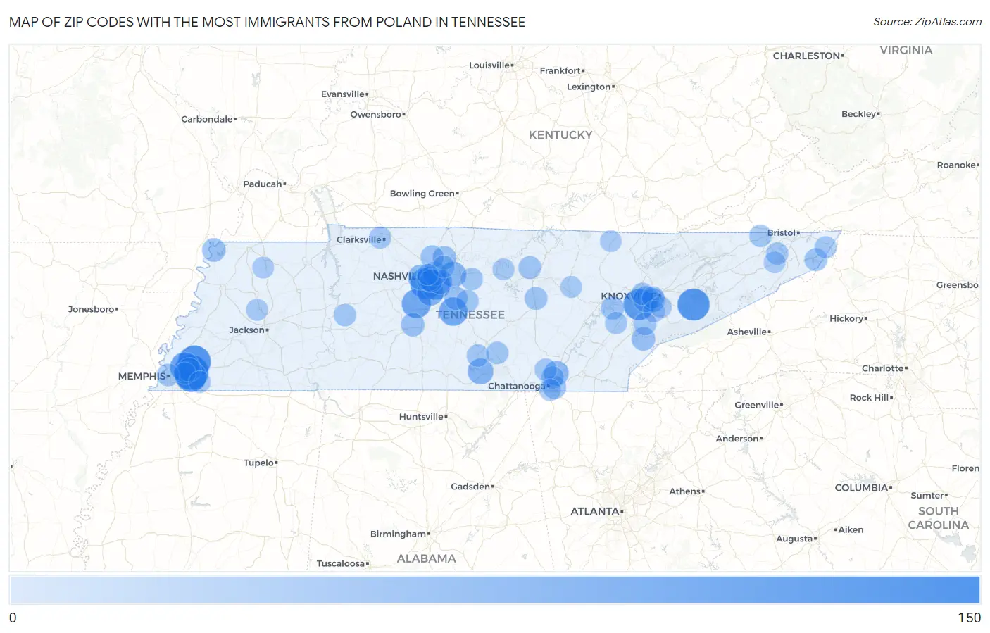 Zip Codes with the Most Immigrants from Poland in Tennessee Map