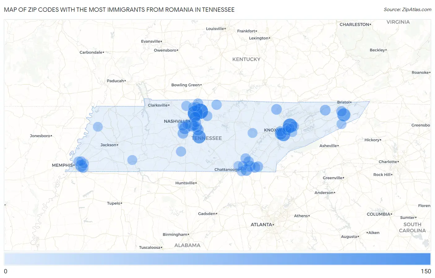 Zip Codes with the Most Immigrants from Romania in Tennessee Map