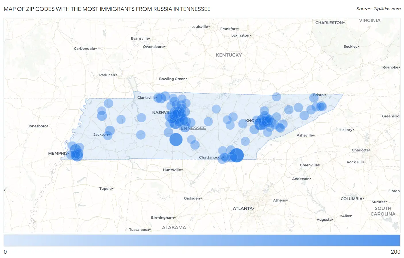 Zip Codes with the Most Immigrants from Russia in Tennessee Map