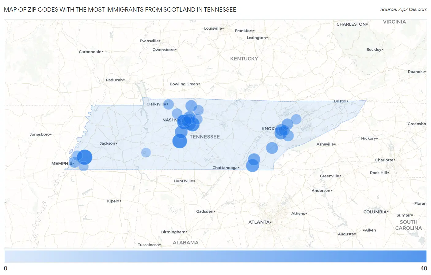 Zip Codes with the Most Immigrants from Scotland in Tennessee Map