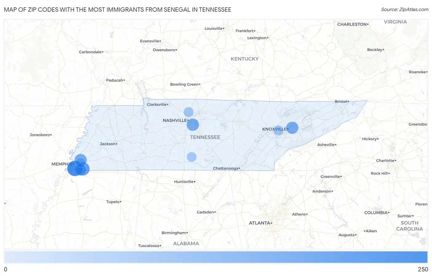 Zip Codes with the Most Immigrants from Senegal in Tennessee Map