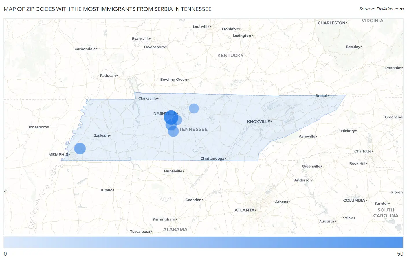 Zip Codes with the Most Immigrants from Serbia in Tennessee Map