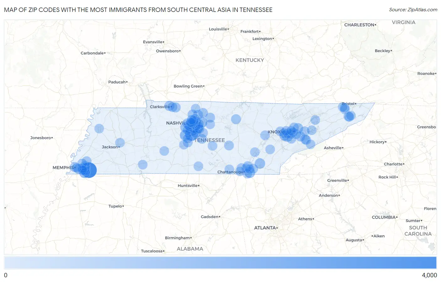 Zip Codes with the Most Immigrants from South Central Asia in Tennessee Map