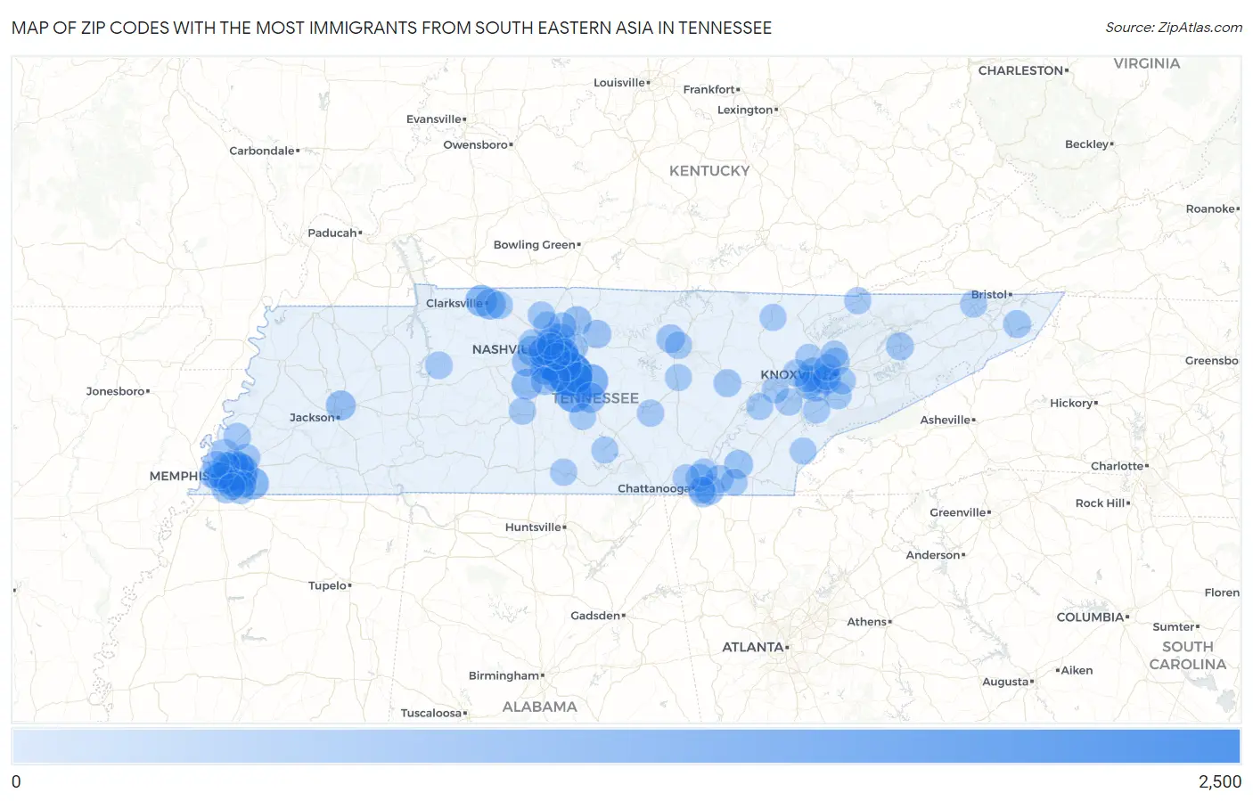 Zip Codes with the Most Immigrants from South Eastern Asia in Tennessee Map