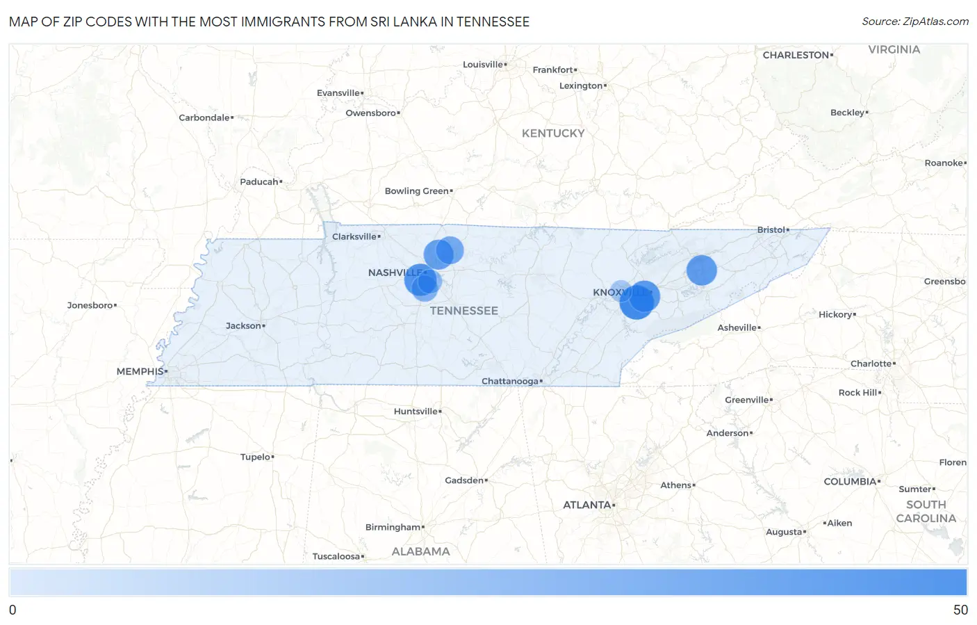 Zip Codes with the Most Immigrants from Sri Lanka in Tennessee Map