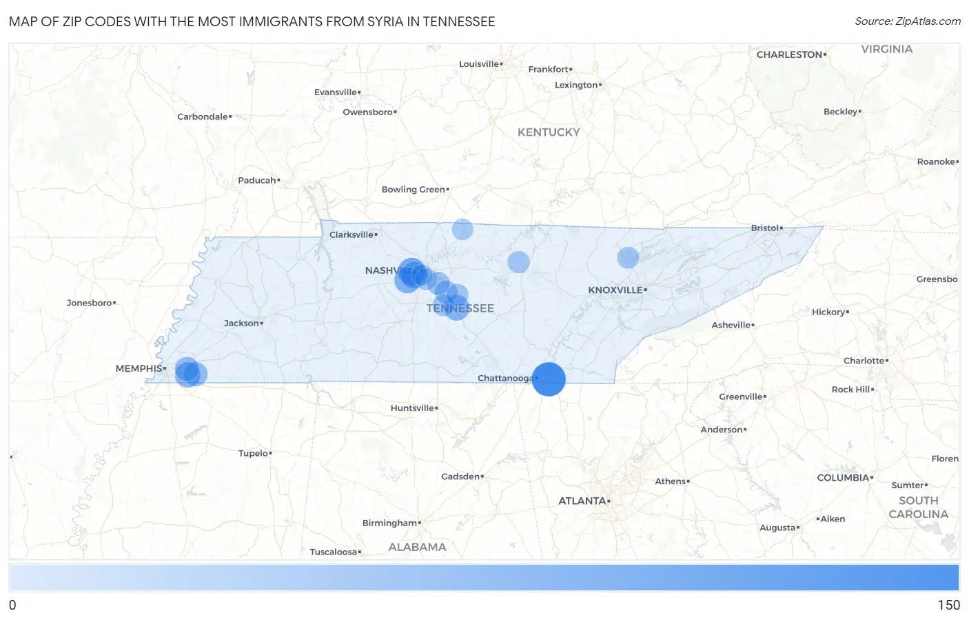 Zip Codes with the Most Immigrants from Syria in Tennessee Map