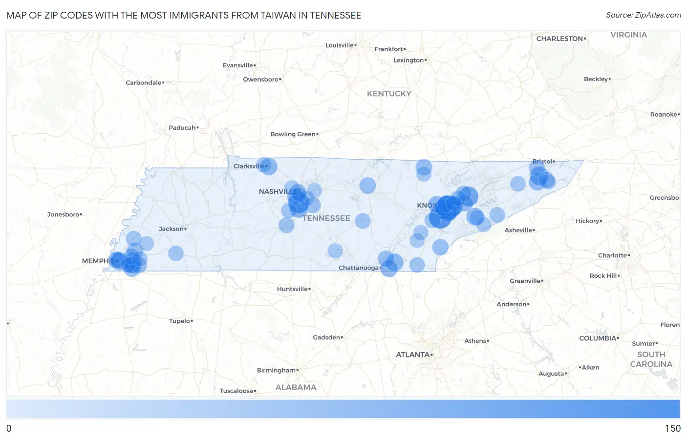 Zip Codes with the Most Immigrants from Taiwan in Tennessee Map
