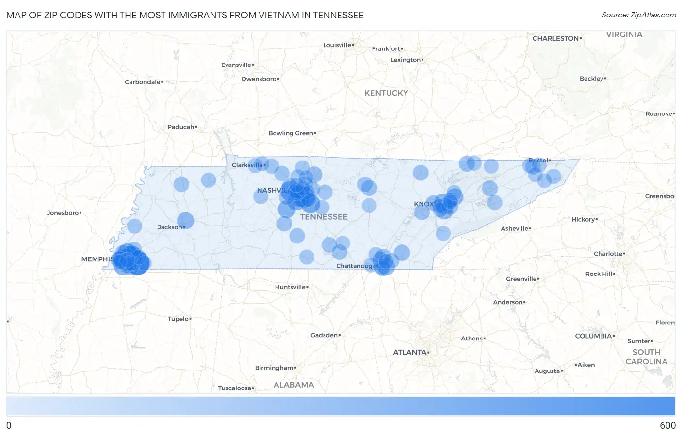 Zip Codes with the Most Immigrants from Vietnam in Tennessee Map