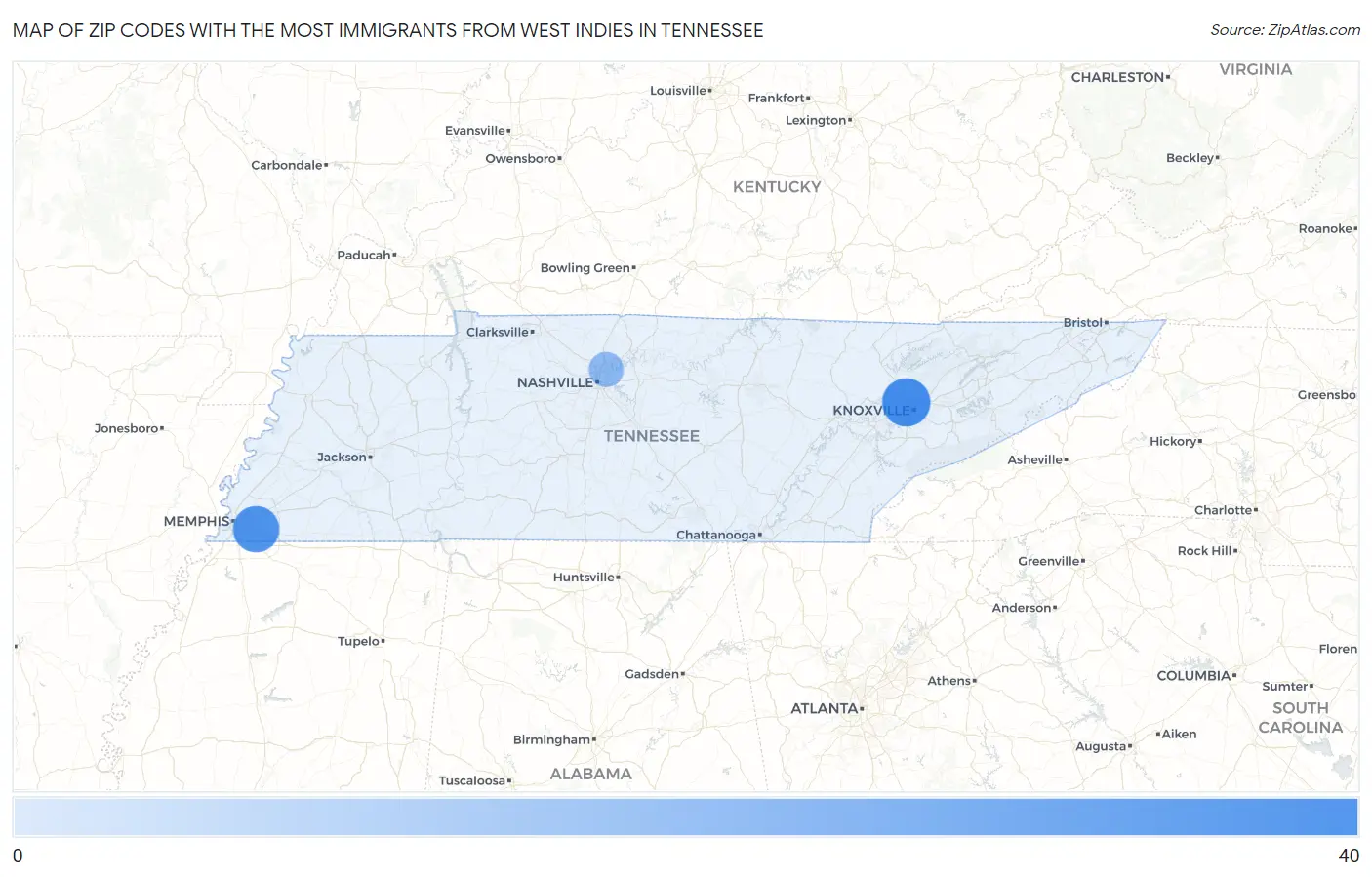 Zip Codes with the Most Immigrants from West Indies in Tennessee Map