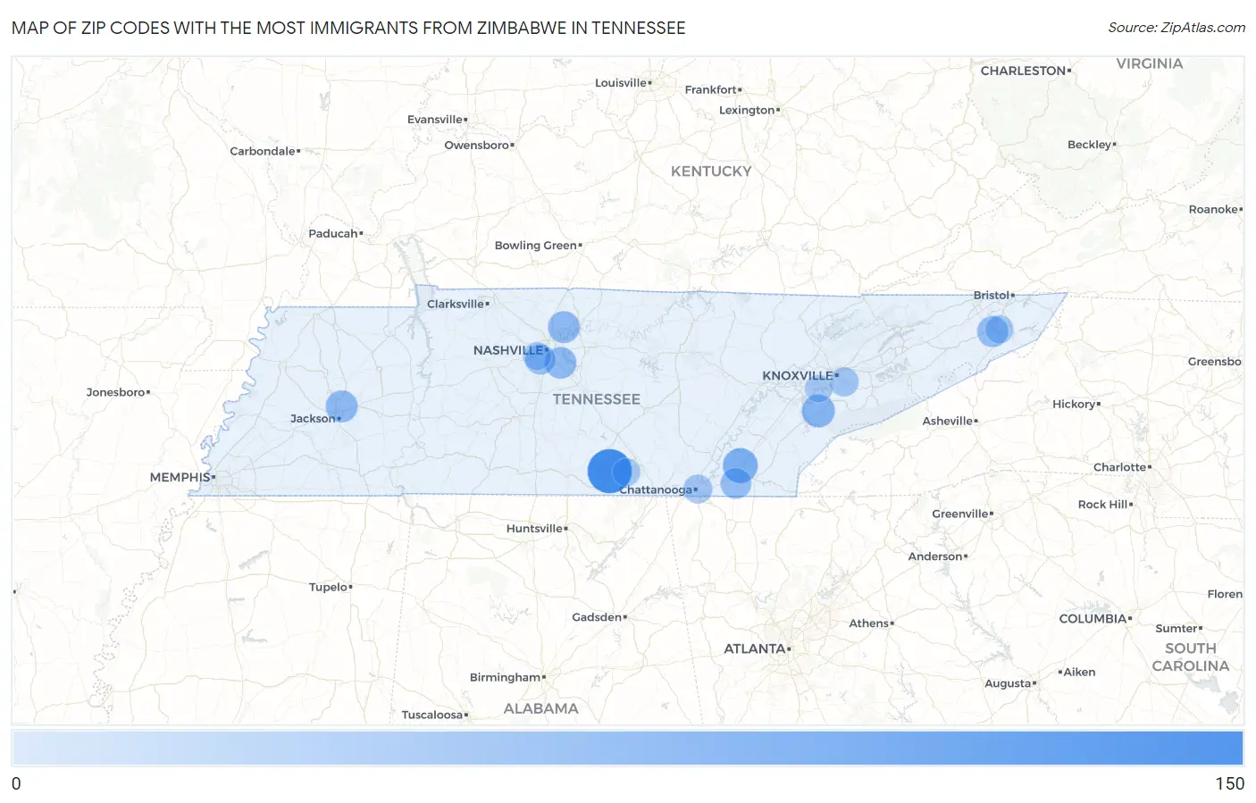 Zip Codes with the Most Immigrants from Zimbabwe in Tennessee Map