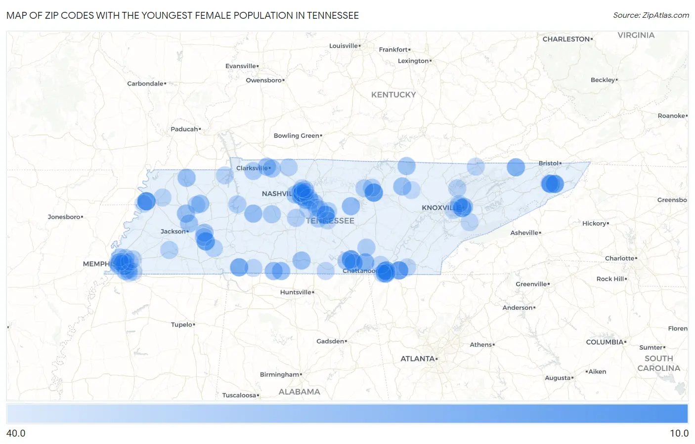 Zip Codes with the Youngest Female Population in Tennessee Map