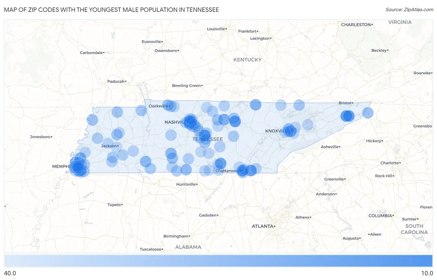 Zip Codes with the Youngest Male Population in Tennessee Map