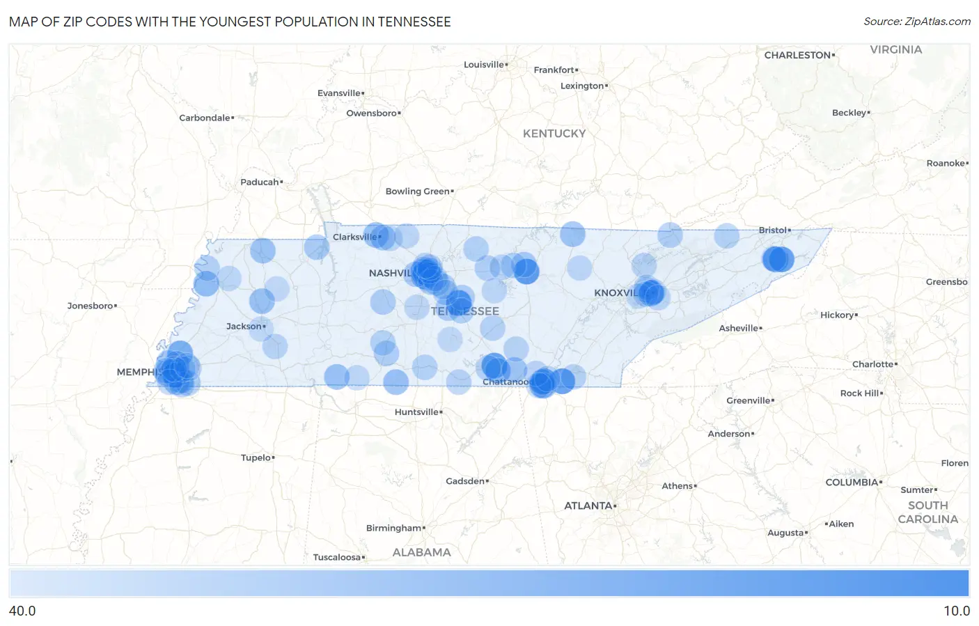 Zip Codes with the Youngest Population in Tennessee Map