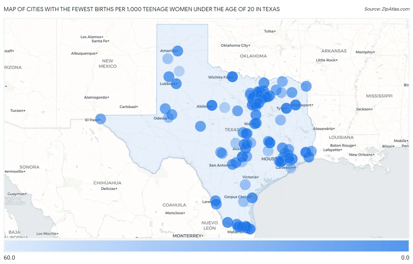 Cities with the Fewest Births per 1,000 Teenage Women Under the Age of 20 in Texas Map