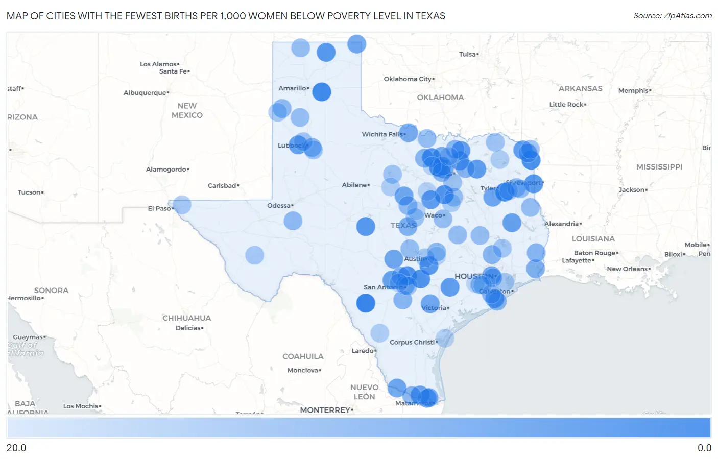 Cities with the Fewest Births per 1,000 Women Below Poverty Level in Texas Map