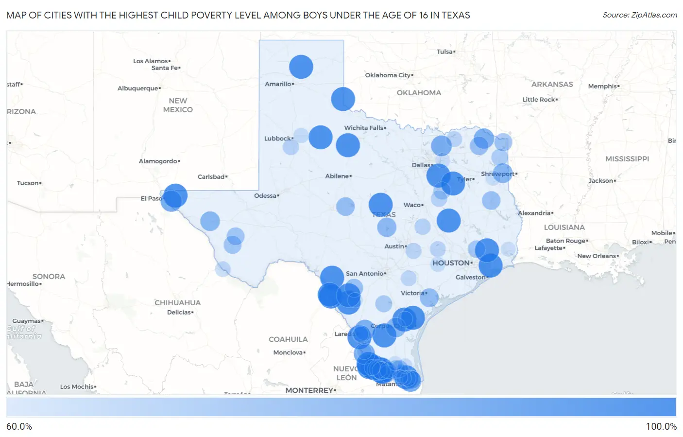 Cities with the Highest Child Poverty Level Among Boys Under the Age of 16 in Texas Map