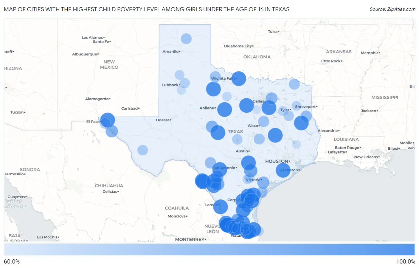 Cities with the Highest Child Poverty Level Among Girls Under the Age of 16 in Texas Map