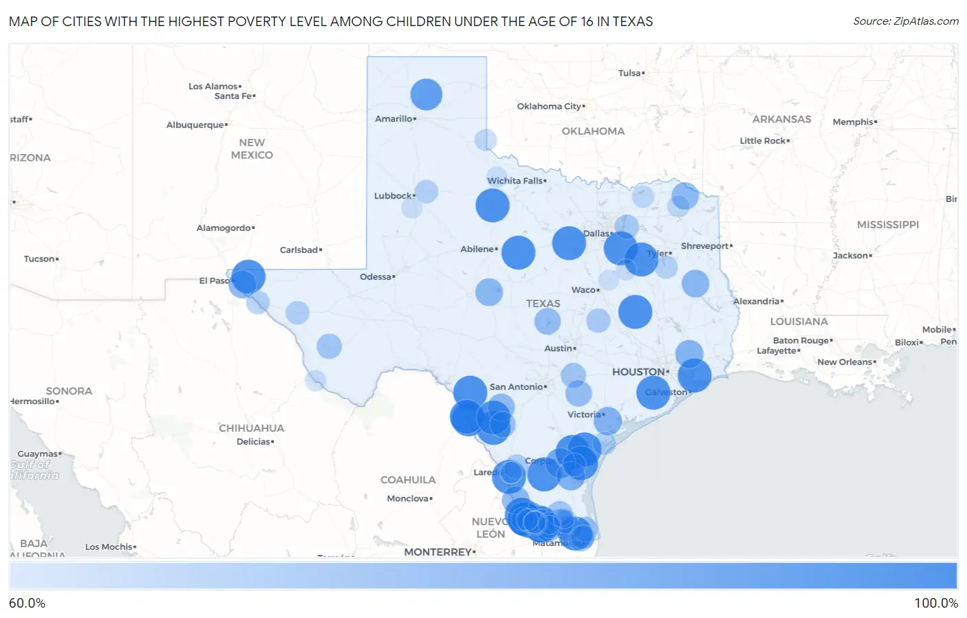 Cities with the Highest Poverty Level Among Children Under the Age of 16 in Texas Map