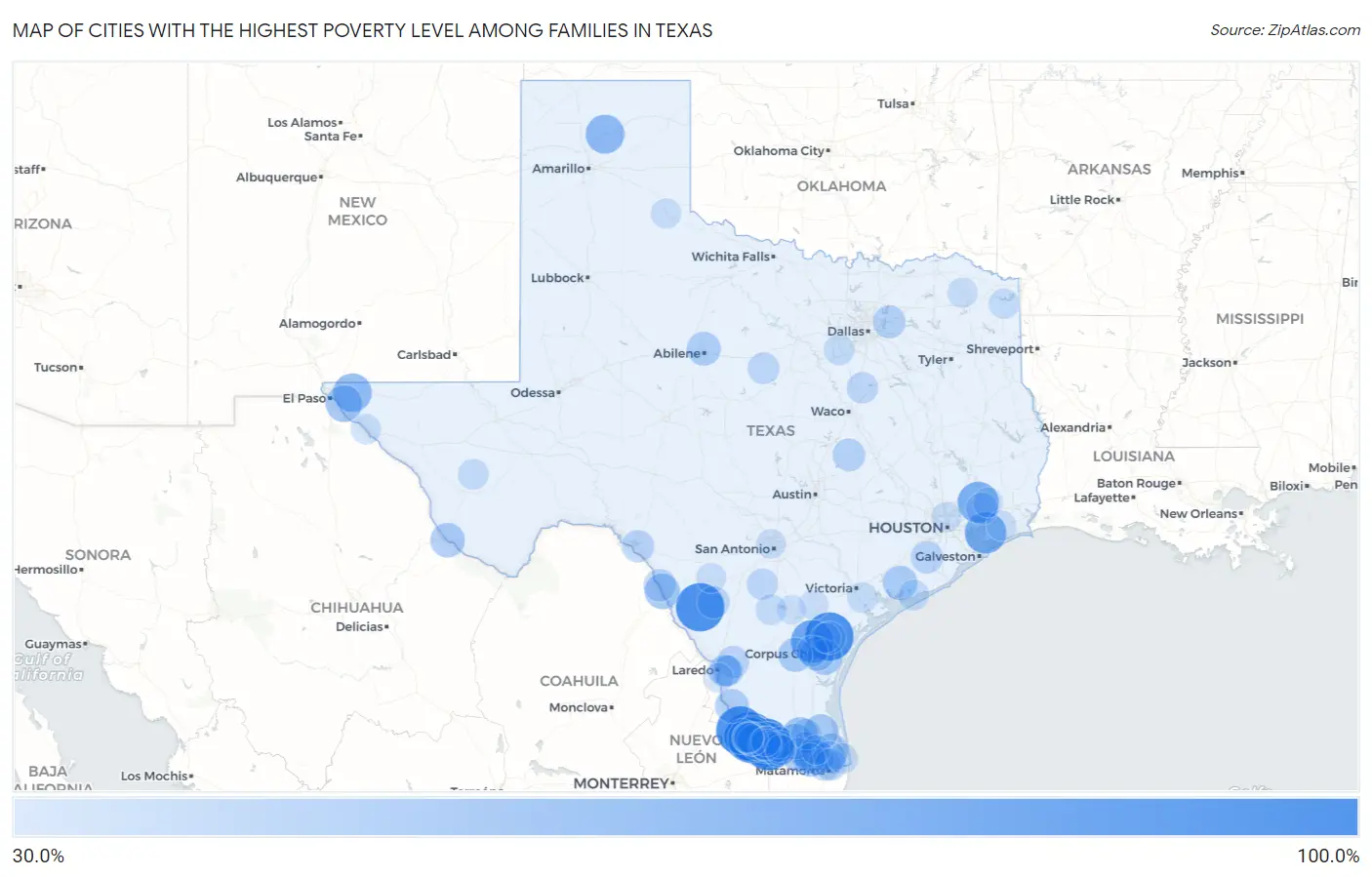 Cities with the Highest Poverty Level Among Families in Texas Map