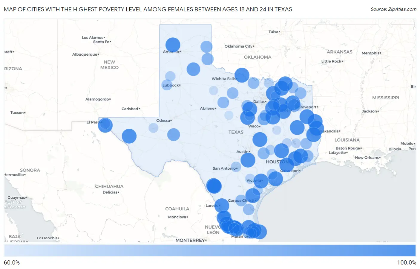Cities with the Highest Poverty Level Among Females Between Ages 18 and 24 in Texas Map