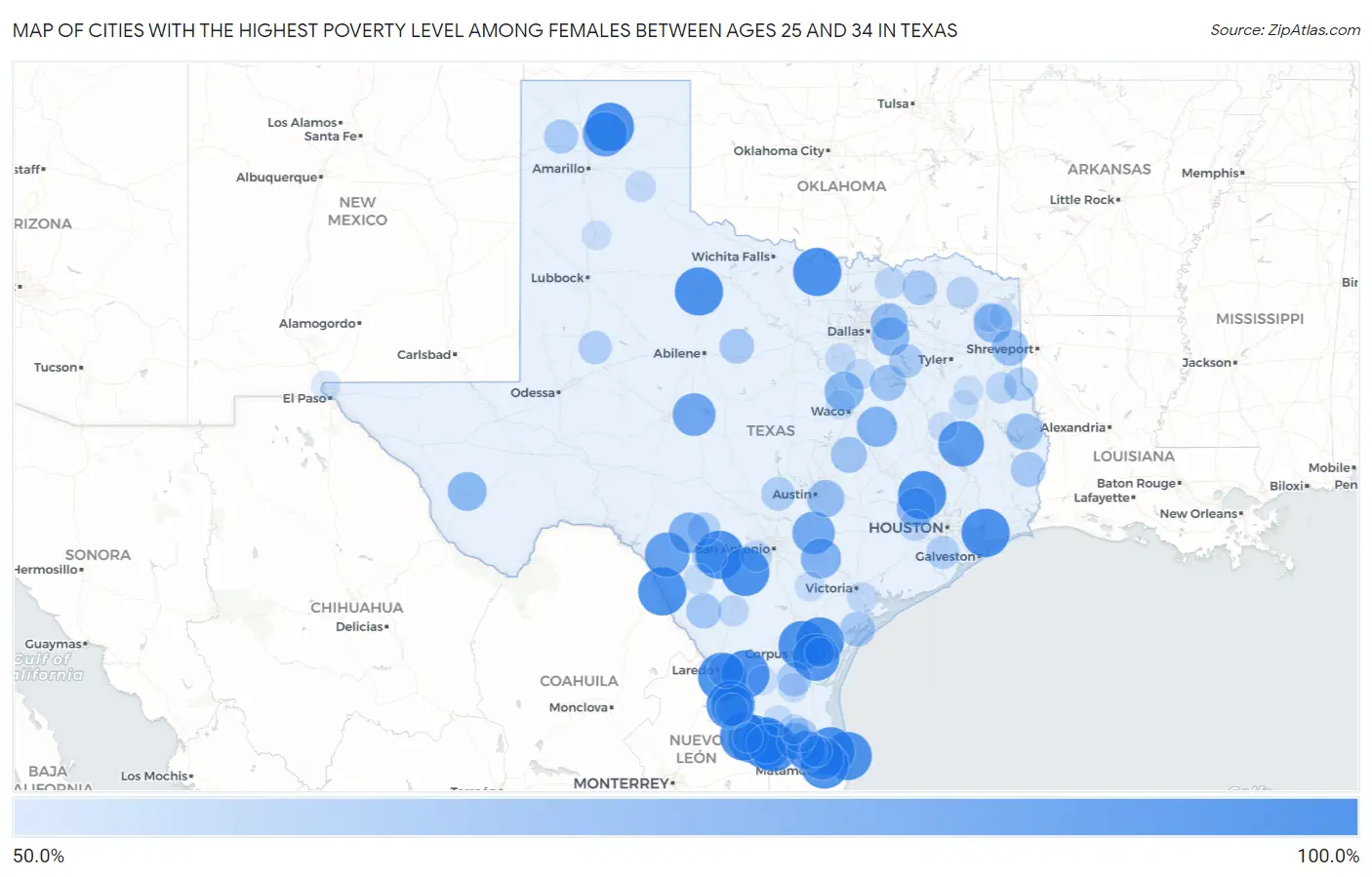 Cities with the Highest Poverty Level Among Females Between Ages 25 and 34 in Texas Map
