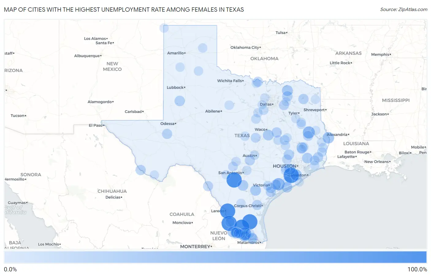 Cities with the Highest Unemployment Rate Among Females in Texas Map