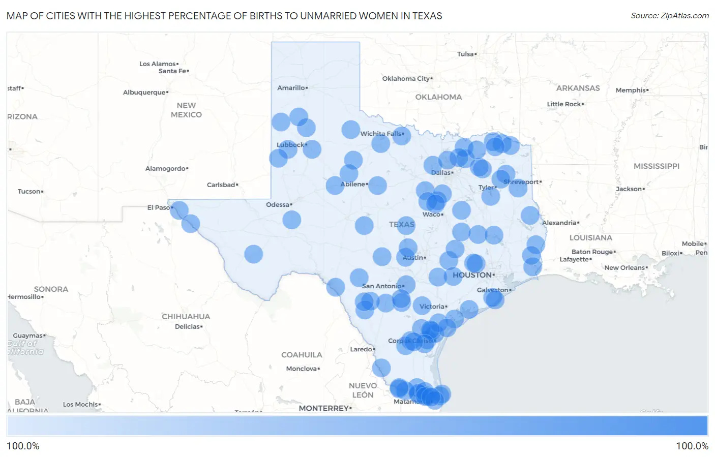 Cities with the Highest Percentage of Births to Unmarried Women in Texas Map