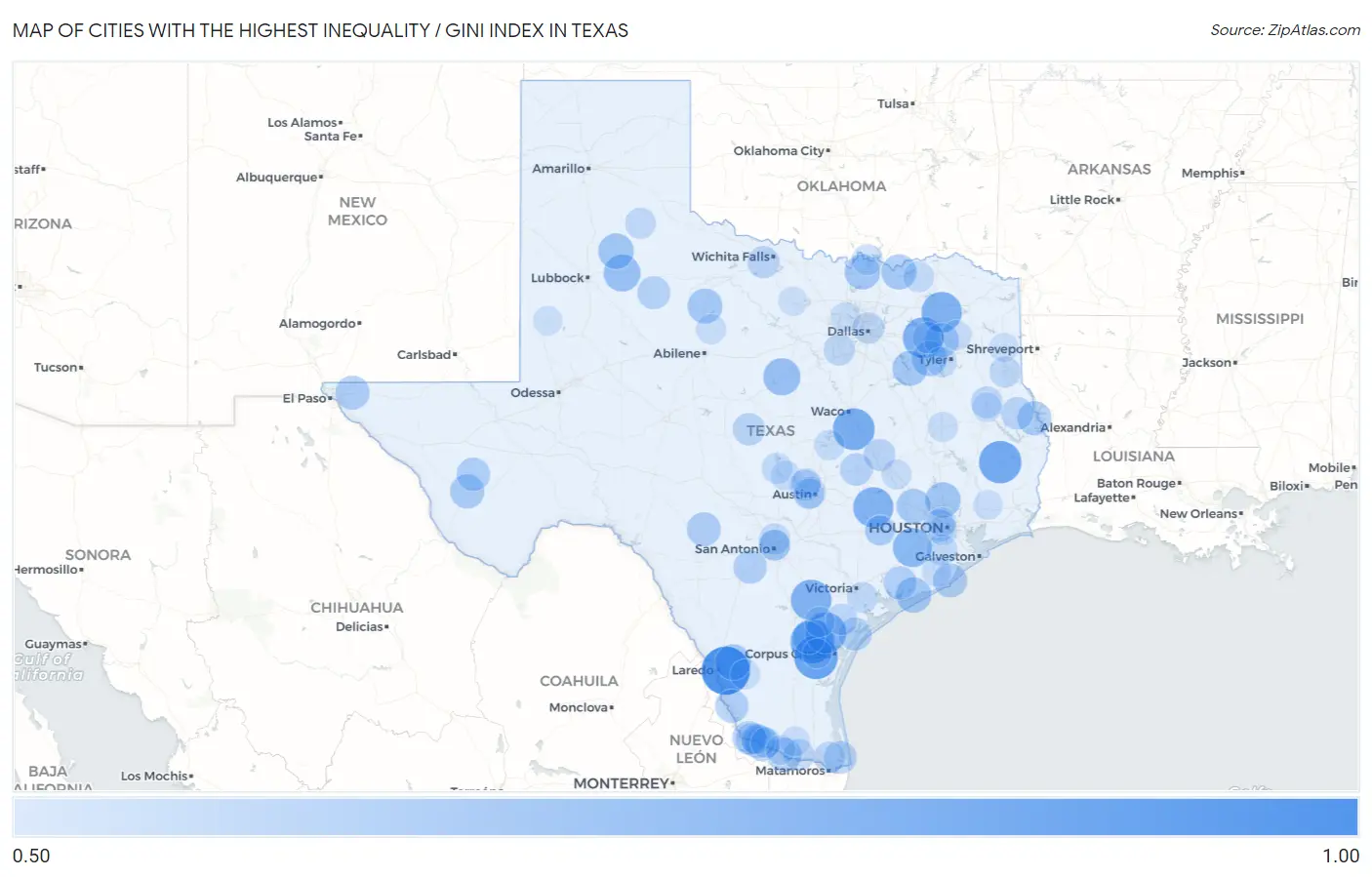 Cities with the Highest Inequality / Gini Index in Texas Map