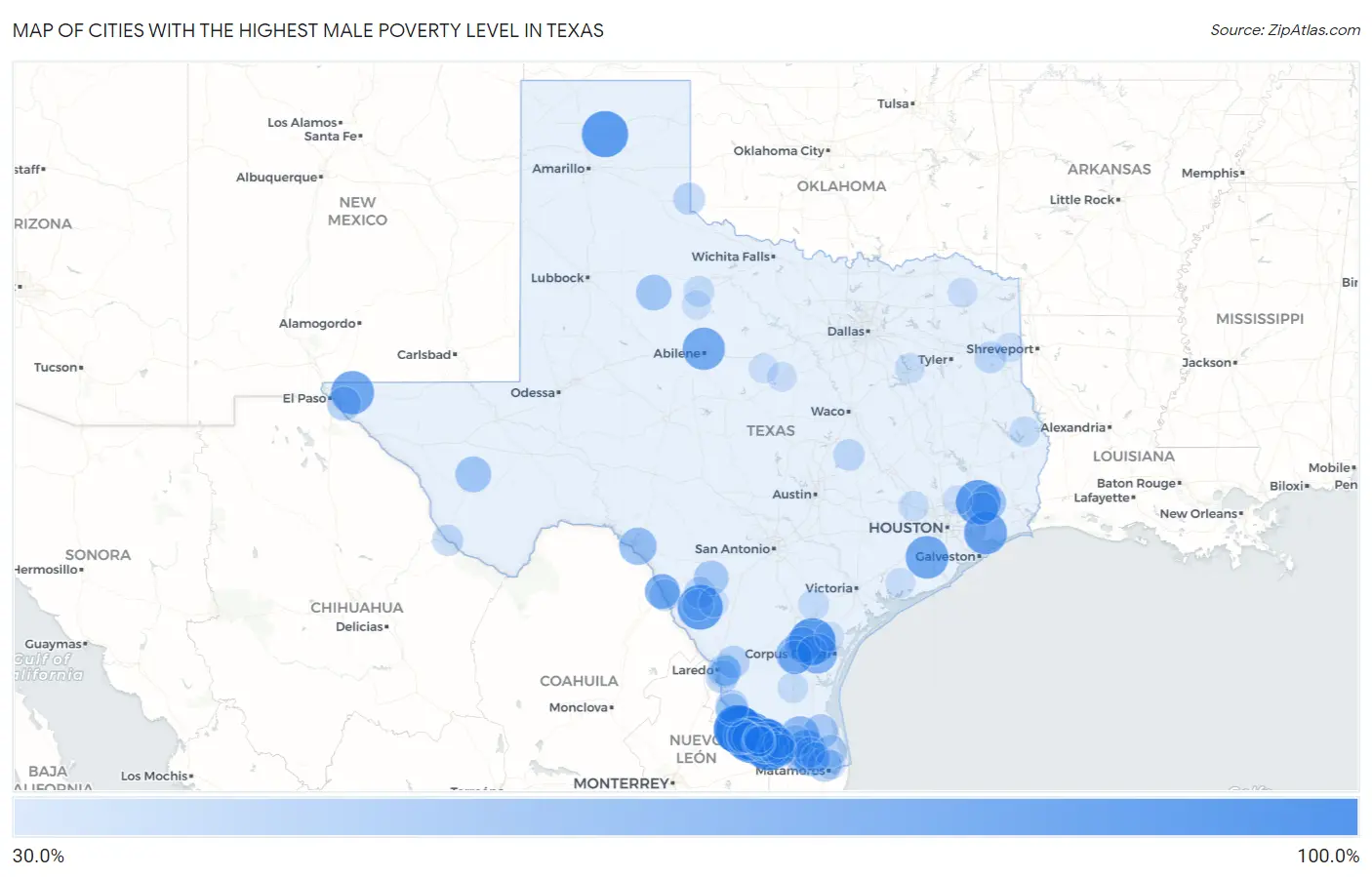Cities with the Highest Male Poverty Level in Texas Map