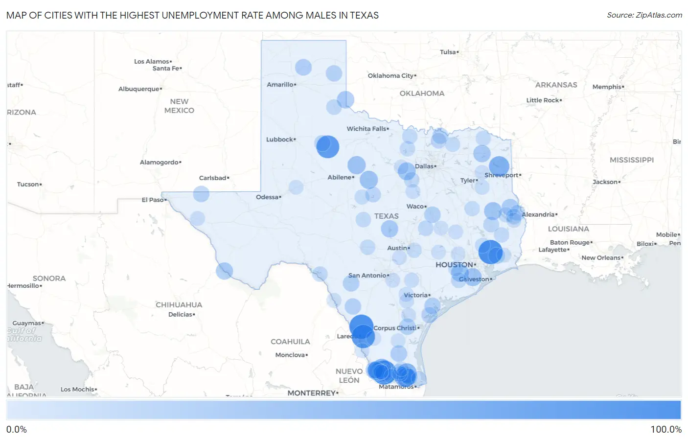 Cities with the Highest Unemployment Rate Among Males in Texas Map