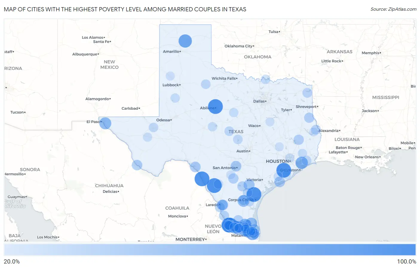 Cities with the Highest Poverty Level Among Married Couples in Texas Map