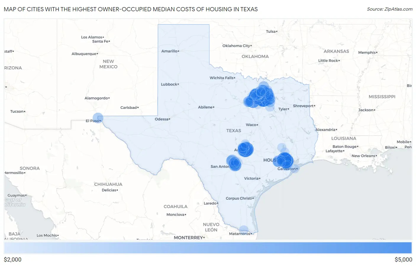 Cities with the Highest Owner-Occupied Median Costs of Housing in Texas Map
