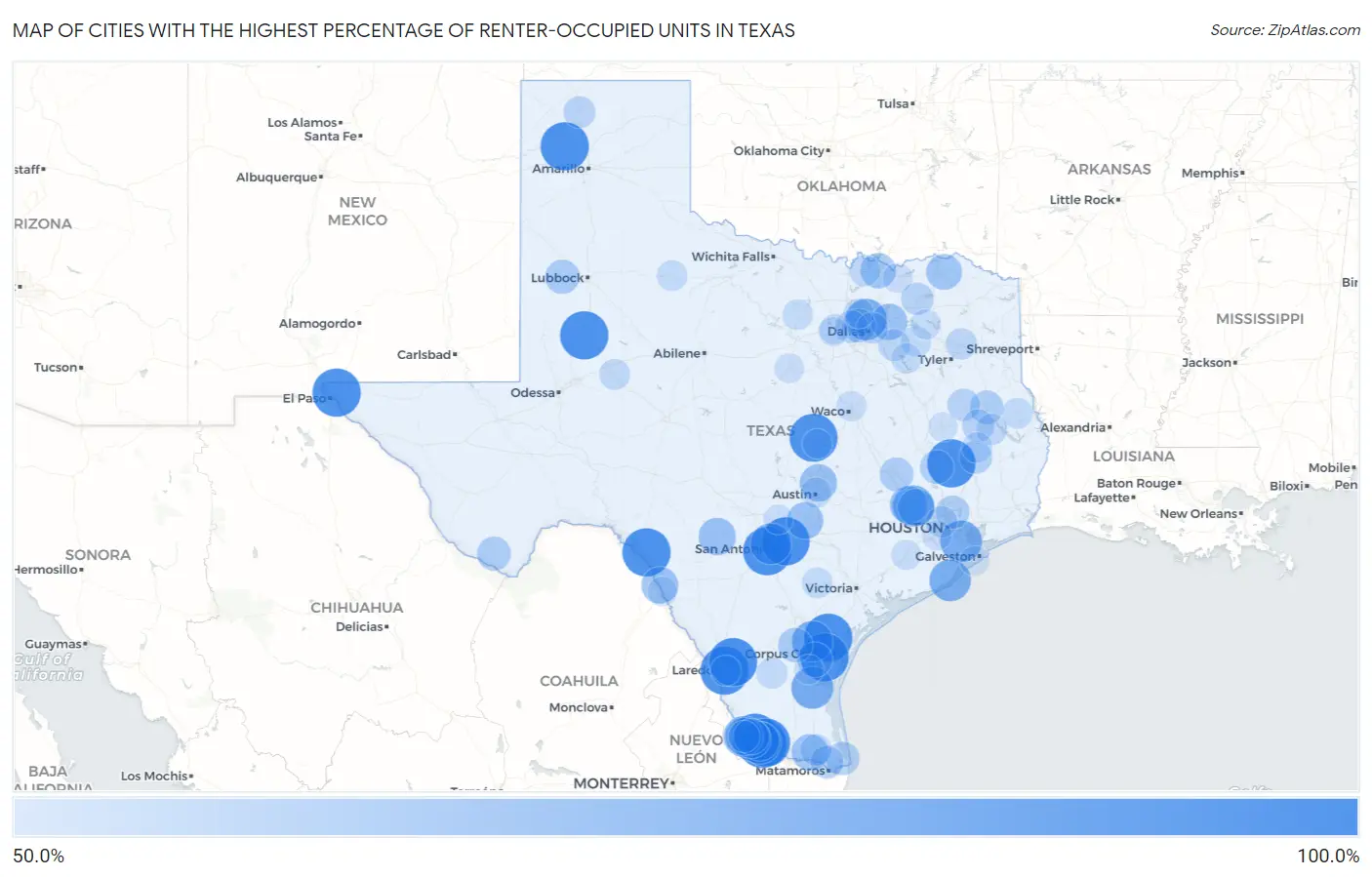 Cities with the Highest Percentage of Renter-Occupied Units in Texas Map