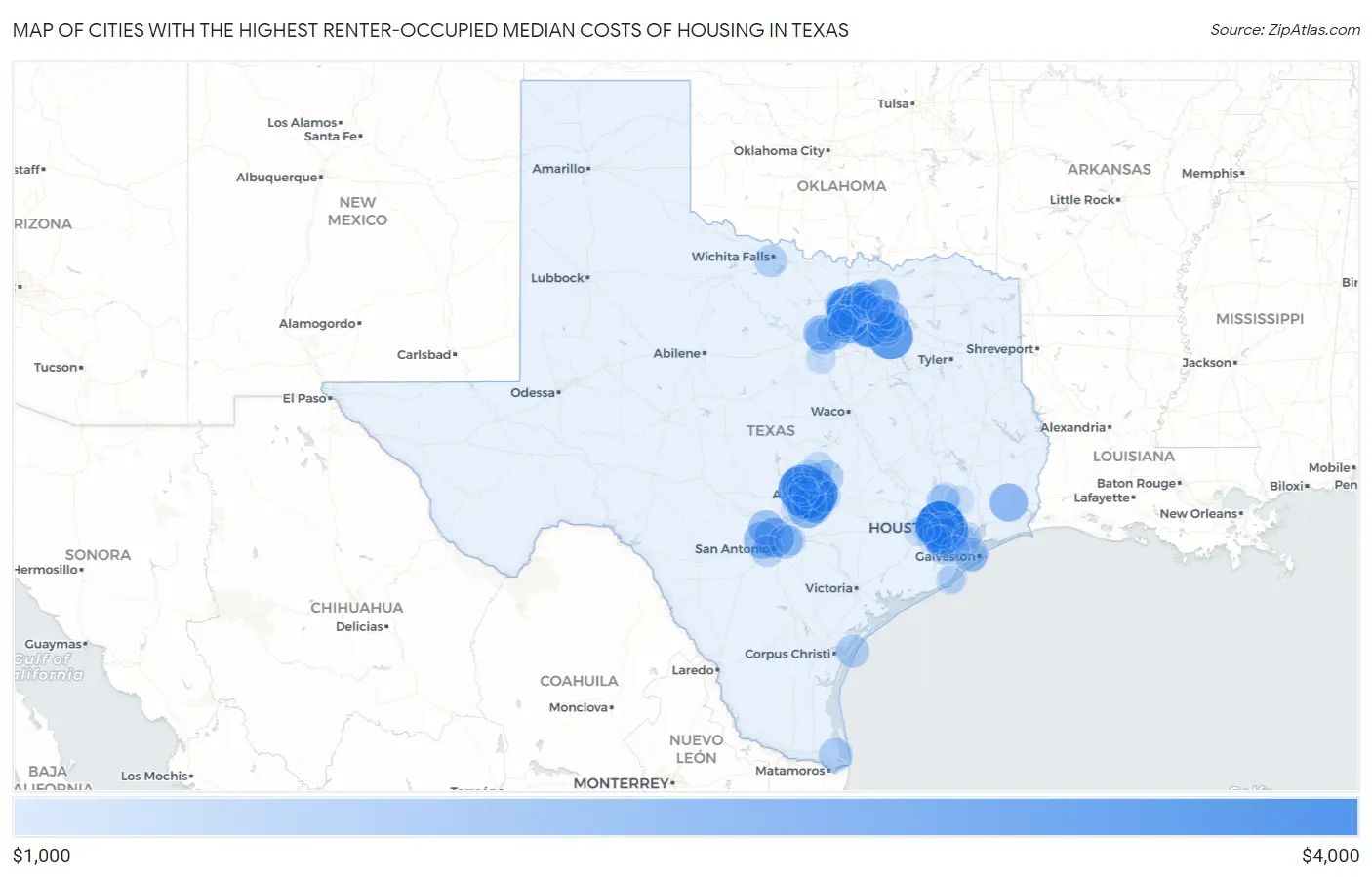 Cities with the Highest Renter-Occupied Median Costs of Housing in Texas Map