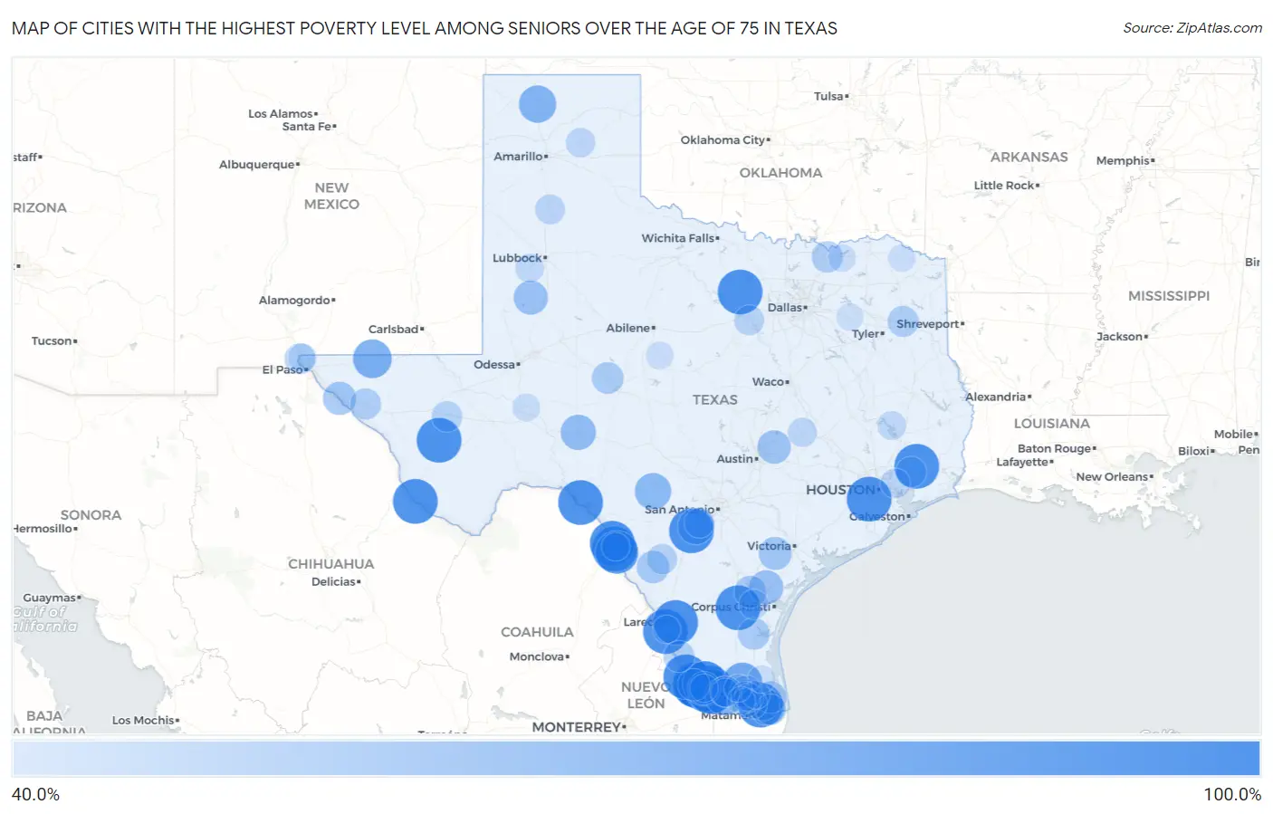 Cities with the Highest Poverty Level Among Seniors Over the Age of 75 in Texas Map