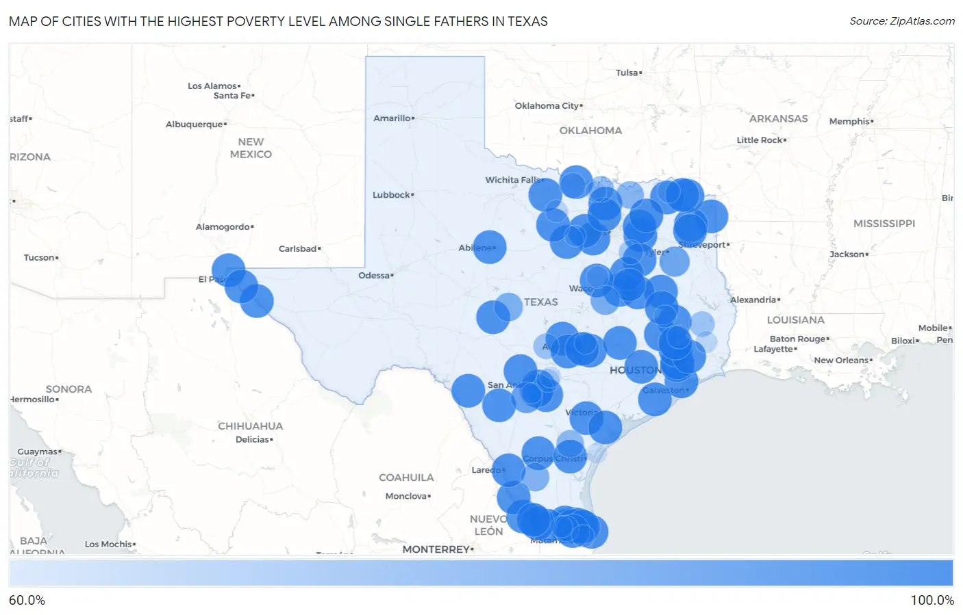 Cities with the Highest Poverty Level Among Single Fathers in Texas Map