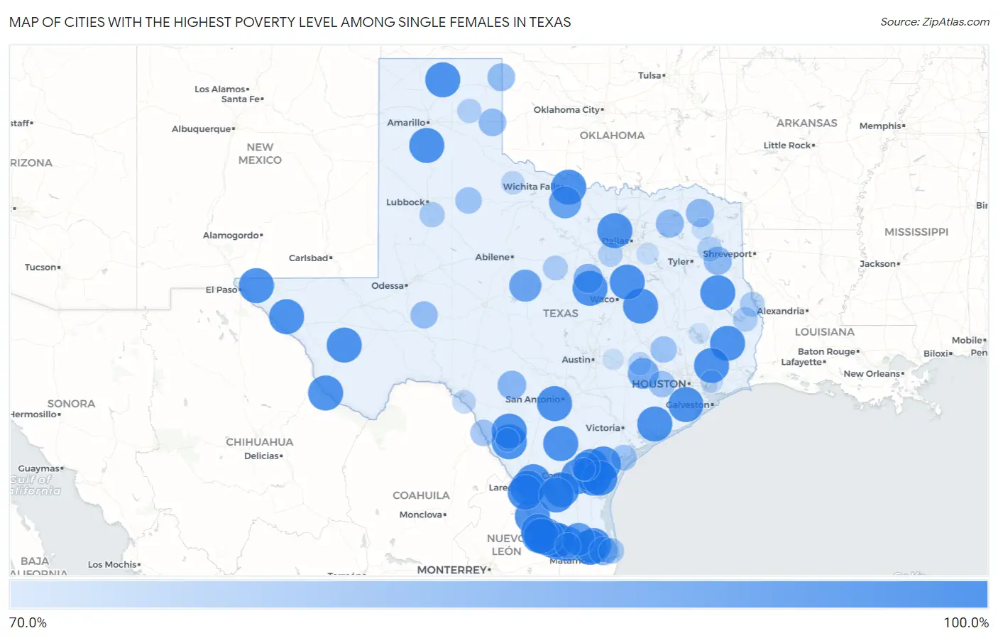 Cities with the Highest Poverty Level Among Single Females in Texas Map