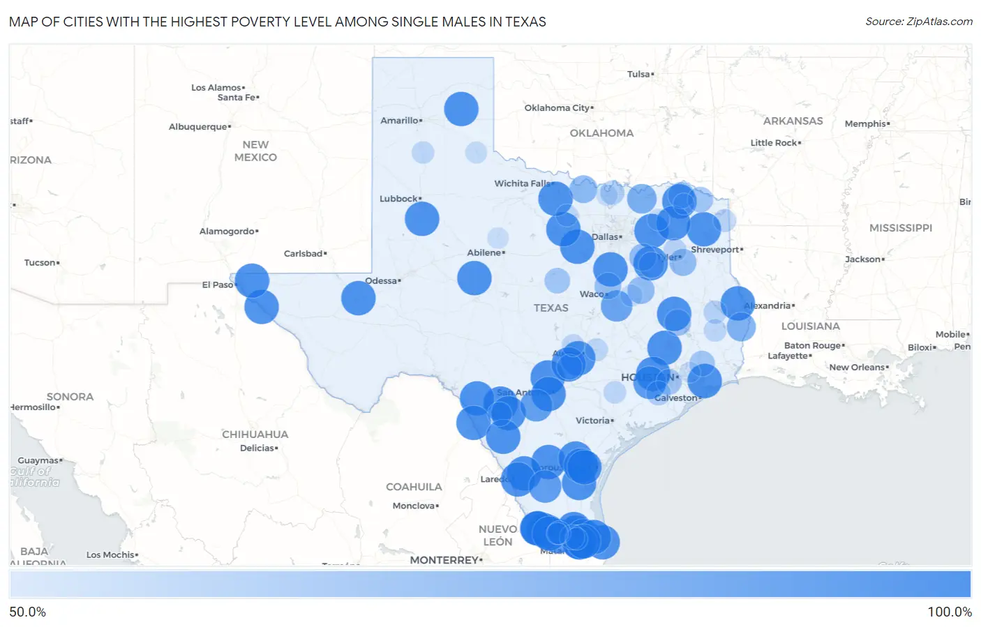 Cities with the Highest Poverty Level Among Single Males in Texas Map