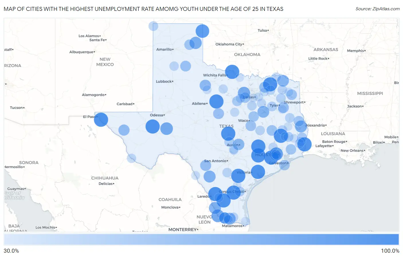 Cities with the Highest Unemployment Rate Amomg Youth Under the Age of 25 in Texas Map