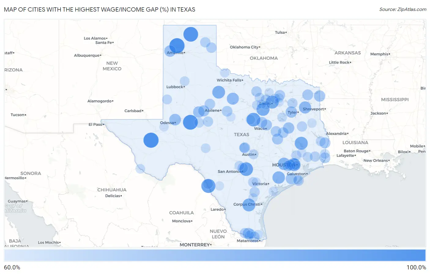 Cities with the Highest Wage/Income Gap (%) in Texas Map