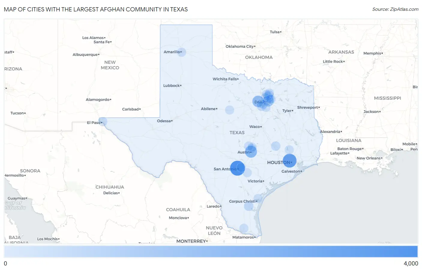Cities with the Largest Afghan Community in Texas Map
