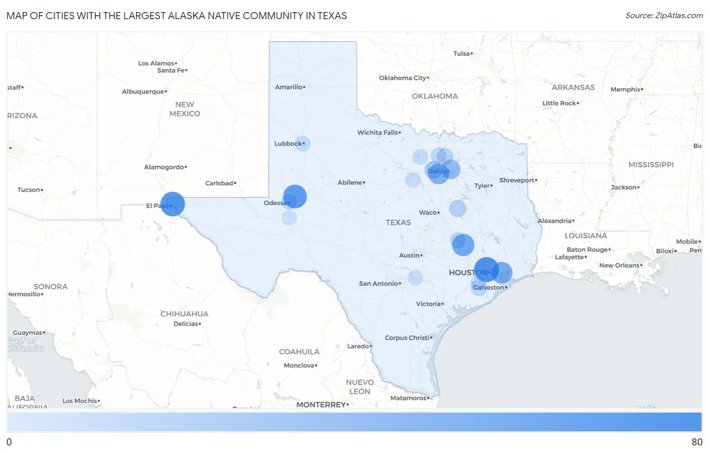 Cities with the Largest Alaska Native Community in Texas Map